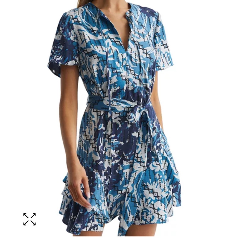 Reiss Blue and White Ruffled Wrap Sundress